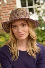 Load image into Gallery viewer, luscious scarves sun hats Pachamama Hemp/Cotton Hat , Packable / Foldable Natural and Purple, Handmade, Fair Trade
