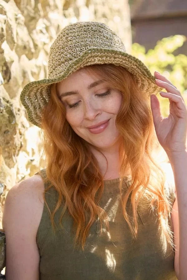 luscious scarves sun hats Pachamama Hemp/Cotton Hat , Packable / Foldable Natural and Sage Green, Handmade, Fair Trade