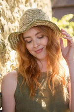 Load image into Gallery viewer, luscious scarves sun hats Pachamama Hemp/Cotton Hat , Packable / Foldable Natural and Sage Green, Handmade, Fair Trade
