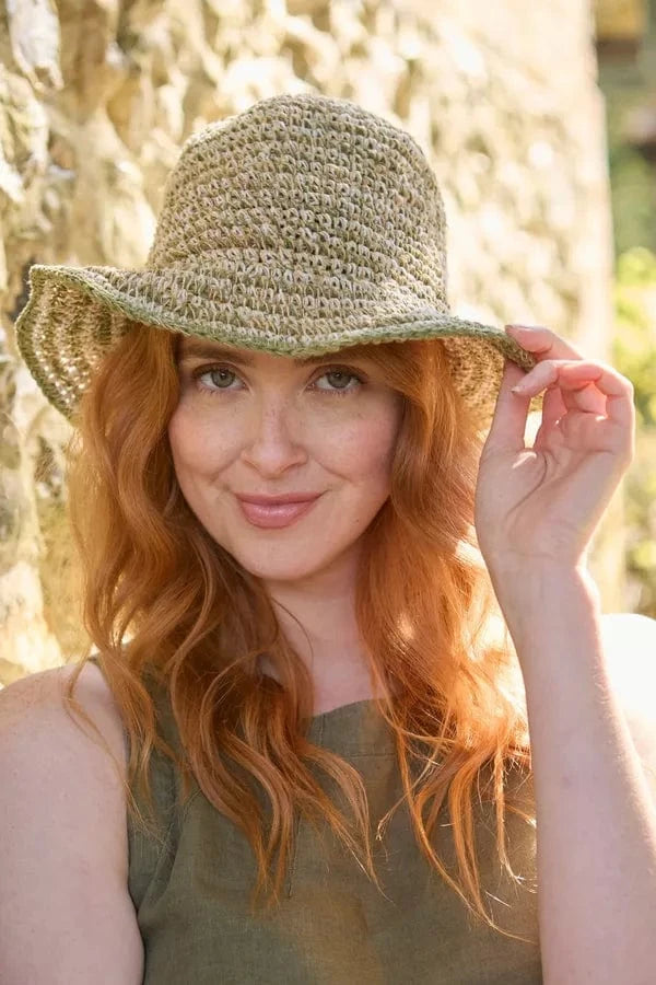 luscious scarves sun hats Pachamama Hemp/Cotton Hat , Packable / Foldable Natural and Sage Green, Handmade, Fair Trade