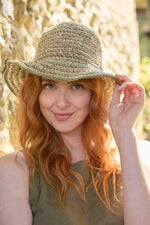 Load image into Gallery viewer, luscious scarves sun hats Pachamama Hemp/Cotton Hat , Packable / Foldable Natural and Sage Green, Handmade, Fair Trade
