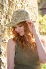 Load image into Gallery viewer, luscious scarves sun hats Pachamama Hemp/Cotton Hat , Packable / Foldable Natural and Sage Green, Handmade, Fair Trade
