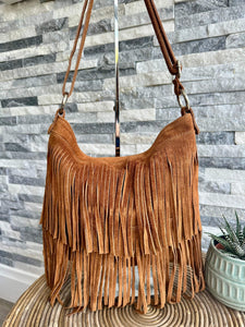 luscious scarves Tan Italian Suede Leather Tassel, Fringe Crossbody / Shoulder Bag . 7 Colours Available