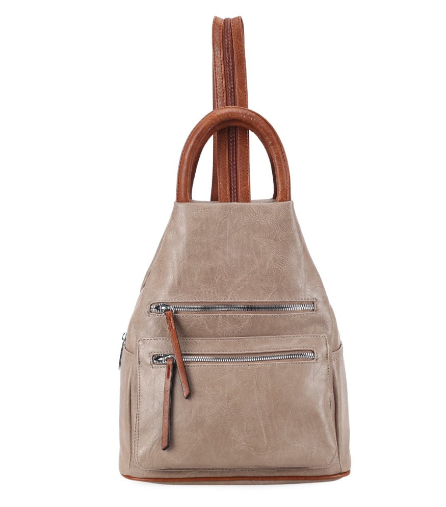 luscious scarves Taupe Faux Vegan Leather Triangular Backpack with Double Front Pockets, Available in 10 colours.