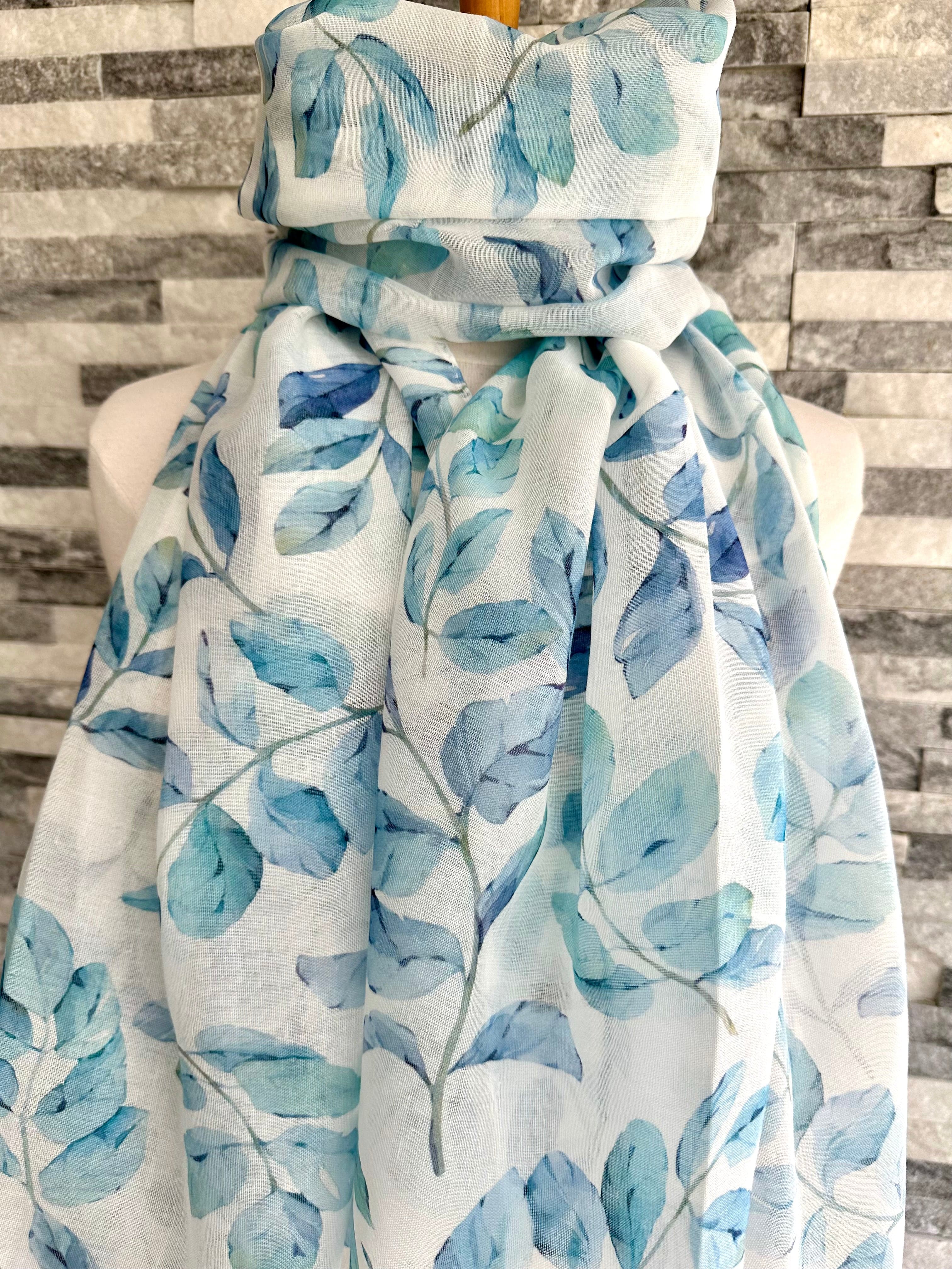 luscious scarves White and Blue Water Coloured Leaves Light Weight Scarf