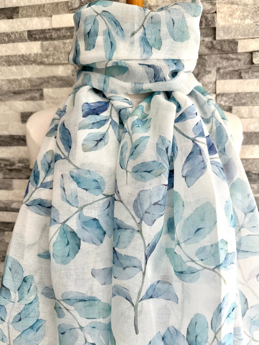 luscious scarves White and Blue Water Coloured Leaves Light Weight Scarf