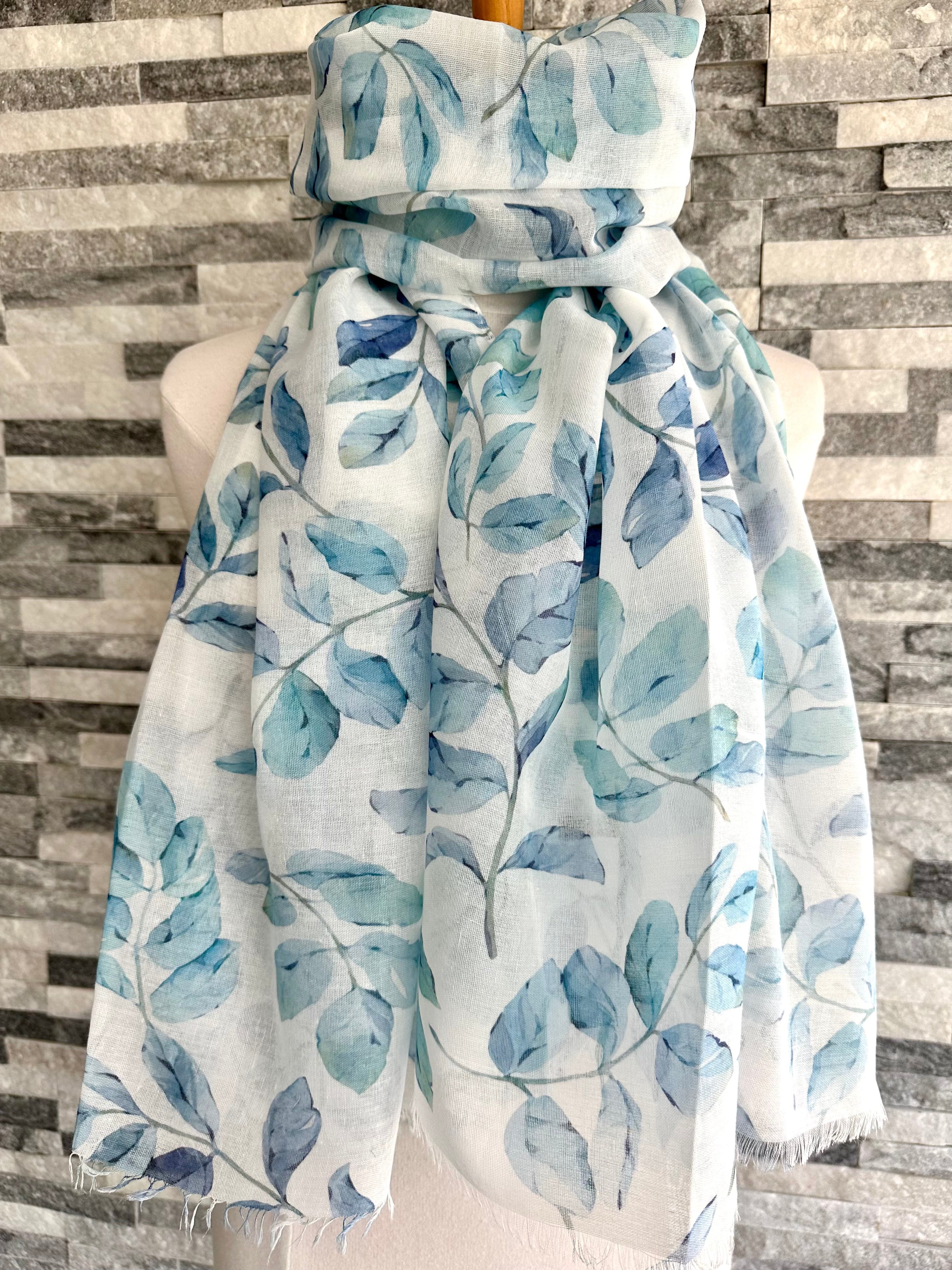luscious scarves White and Blue Water Coloured Leaves Light Weight Scarf