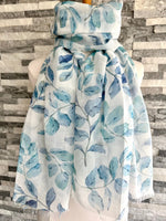 Load image into Gallery viewer, luscious scarves White and Blue Water Coloured Leaves Light Weight Scarf
