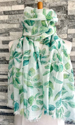 Load image into Gallery viewer, luscious scarves White and Green Water Coloured Leaves Light Weight Scarf

