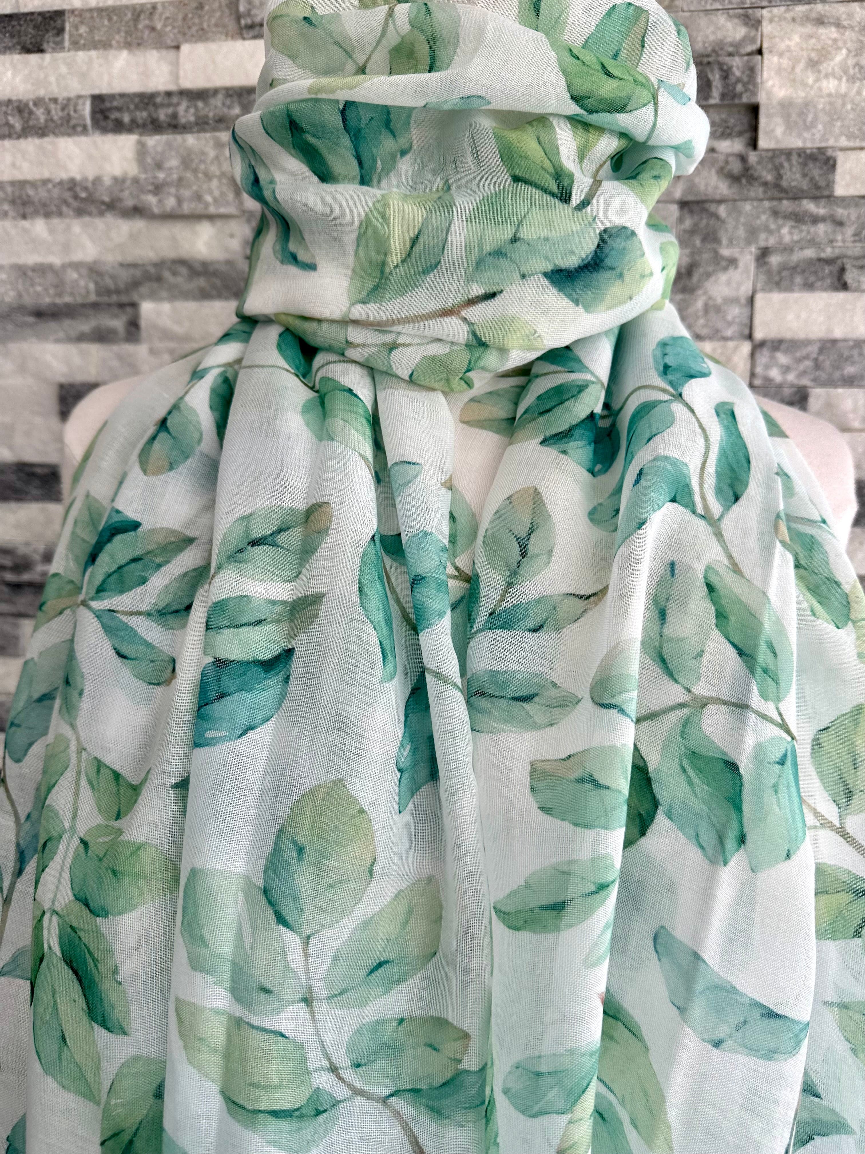 luscious scarves White and Green Water Coloured Leaves Light Weight Scarf