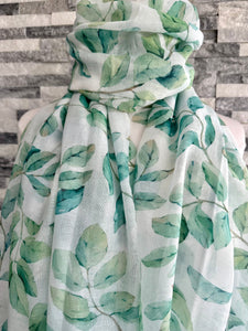 luscious scarves White and Green Water Coloured Leaves Light Weight Scarf