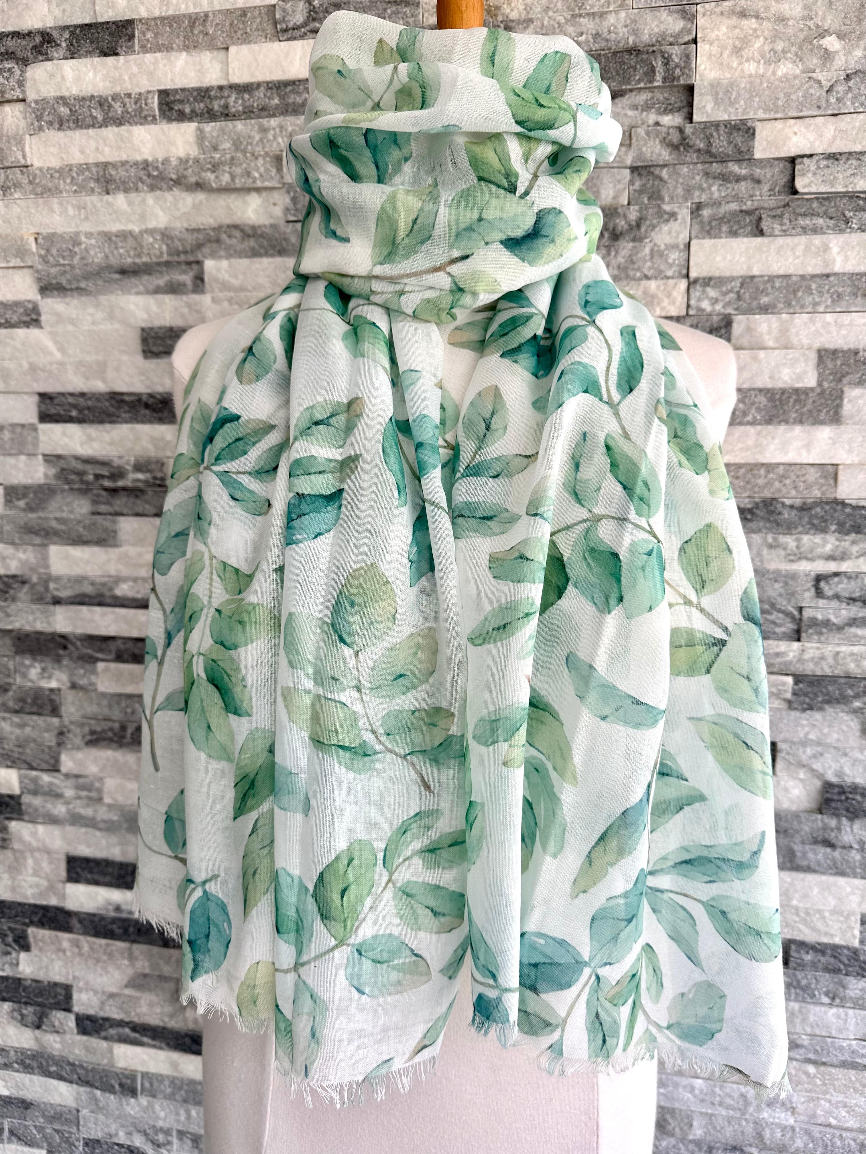 luscious scarves White and Green Water Coloured Leaves Light Weight Scarf