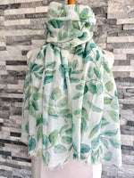 Load image into Gallery viewer, luscious scarves White and Green Water Coloured Leaves Light Weight Scarf
