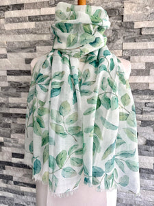 luscious scarves White and Green Water Coloured Leaves Light Weight Scarf