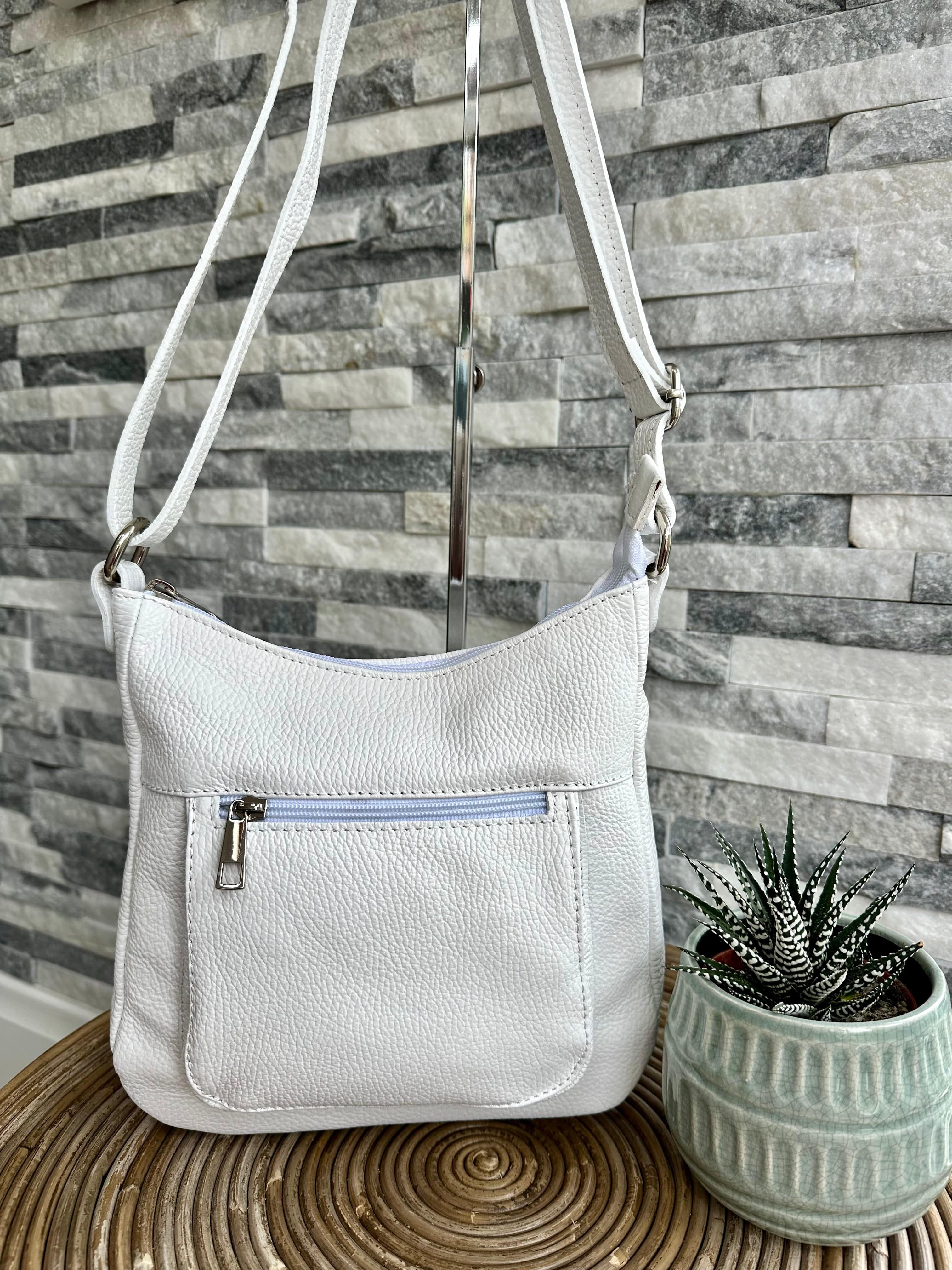 luscious scarves White Italian Leather Crossbody / Shoulder Bag with Front Zip Pocket. Various Colours Available