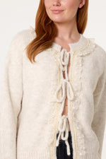 Load image into Gallery viewer, luscious scarves wool cardigan Cream Tie Front Cardigan with lace Trim
