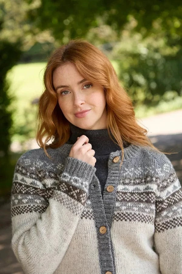 luscious scarves wool cardigan L Pachamama Classic Fairisle All Season Cardigan Natural , Hand Knitted , Fair trade.