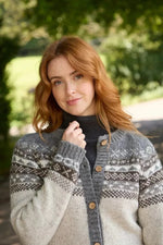 Load image into Gallery viewer, luscious scarves wool cardigan L Pachamama Classic Fairisle All Season Cardigan Natural , Hand Knitted , Fair trade.
