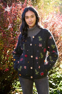 luscious scarves wool cardigan L Pachamama Lugano Hand Knitted Cardigan Charcoal, Fair Trade