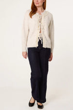 Load image into Gallery viewer, luscious scarves wool cardigan M/L Cream Tie Front Cardigan with lace Trim
