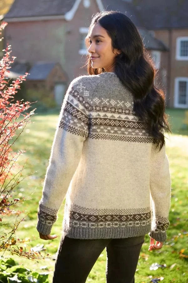 luscious scarves wool cardigan Pachamama Classic Fairisle All Season Cardigan Natural , Hand Knitted , Fair trade.