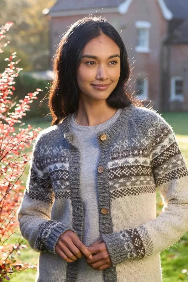 luscious scarves wool cardigan Pachamama Classic Fairisle All Season Cardigan Natural , Hand Knitted , Fair trade.