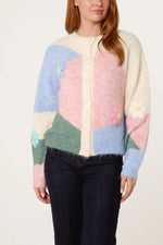 Load image into Gallery viewer, luscious scarves wool cardigan S/M Multi pastel Round Neck Button Flower Cardigan
