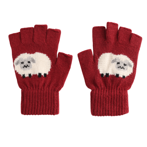 luscious scarves wool gloves Burgundy Fingerless Wool Blend Gloves with a Fluffy Sheep Design.