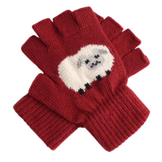 luscious scarves wool gloves Burgundy Fingerless Wool Blend Gloves with a Fluffy Sheep Design.