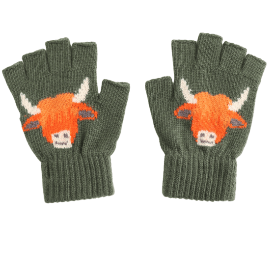 luscious scarves wool gloves Fingerless Wool Blend Gloves with a Highland Cow Design.