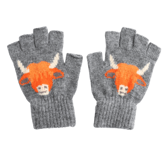 luscious scarves wool gloves Fingerless Wool Blend Gloves with a Highland Cow Design.