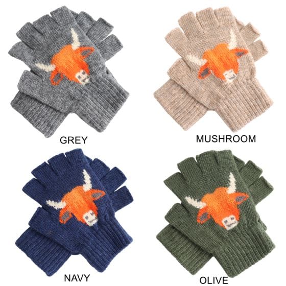 luscious scarves wool gloves Fingerless Wool Blend Gloves with a Highland Cow Design.