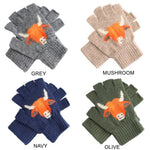 Load image into Gallery viewer, luscious scarves wool gloves Fingerless Wool Blend Gloves with a Highland Cow Design.
