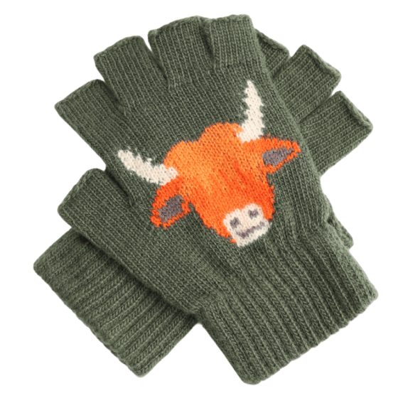 luscious scarves wool gloves Green Fingerless Wool Blend Gloves with a Highland Cow Design.