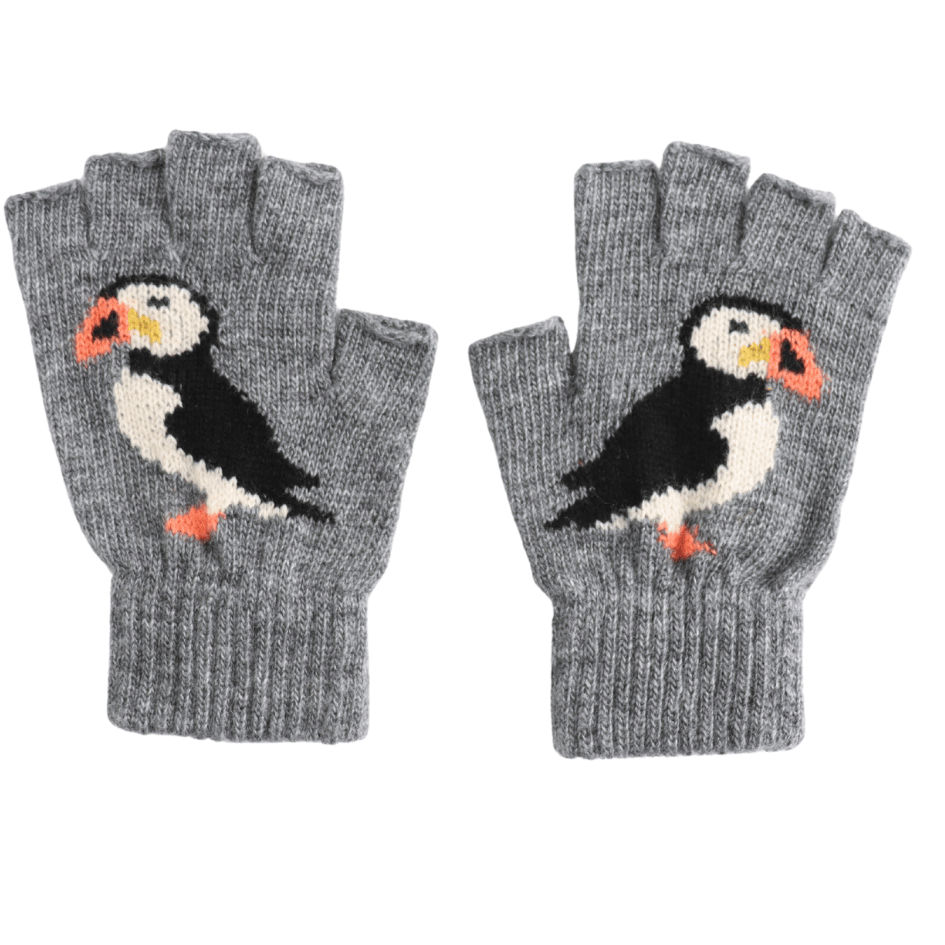 luscious scarves wool gloves Grey Fingerless Wool Blend Gloves with a Cute Puffin Design.