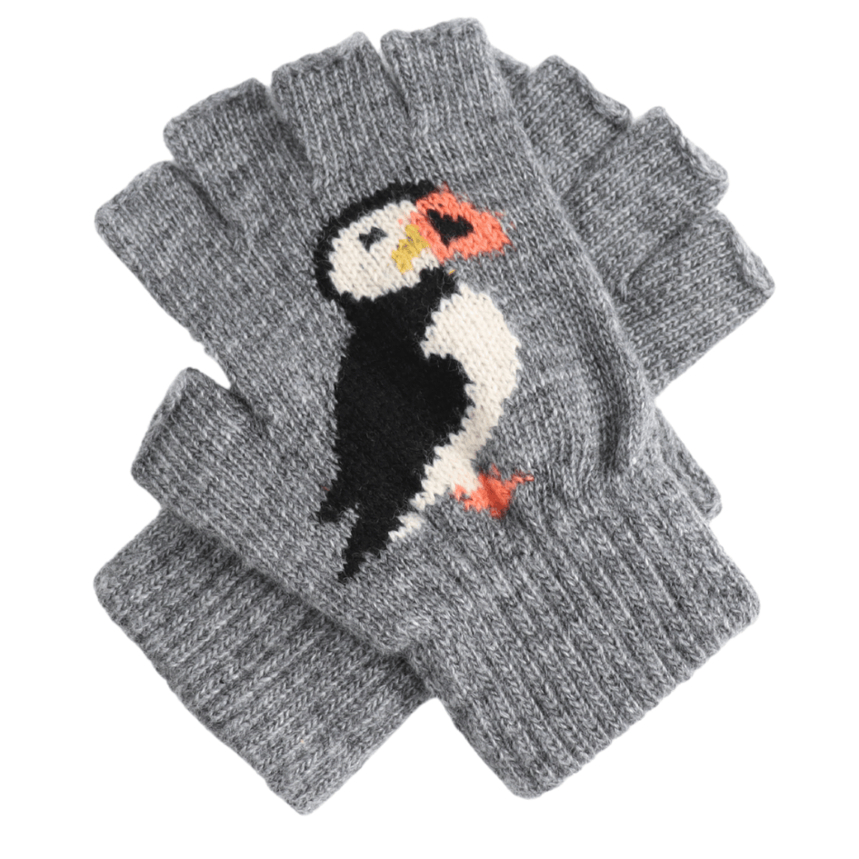 luscious scarves wool gloves Grey Fingerless Wool Blend Gloves with a Cute Puffin Design.