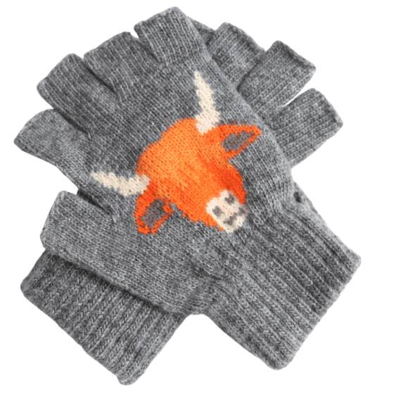 luscious scarves wool gloves Grey Fingerless Wool Blend Gloves with a Highland Cow Design.