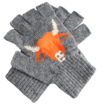 Load image into Gallery viewer, luscious scarves wool gloves Grey Fingerless Wool Blend Gloves with a Highland Cow Design.
