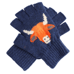 Load image into Gallery viewer, luscious scarves wool gloves Navy Fingerless Wool Blend Gloves with a Highland Cow Design.
