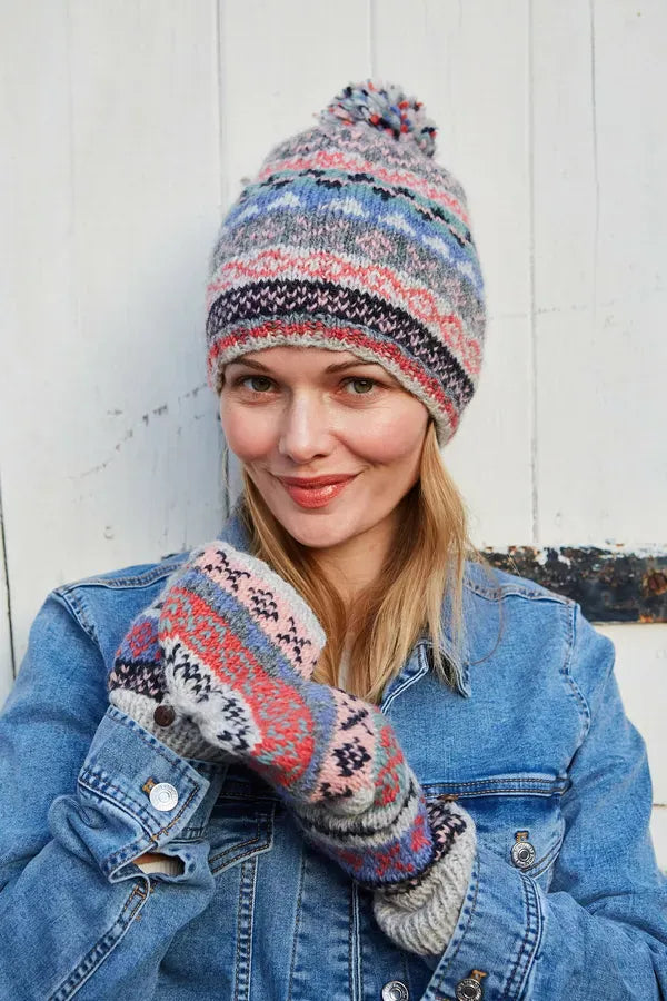 luscious scarves wool gloves Pachamama Ladies Classic Fairisle Glove Mitts, Oatmeal , Handknitted , Fairtrade