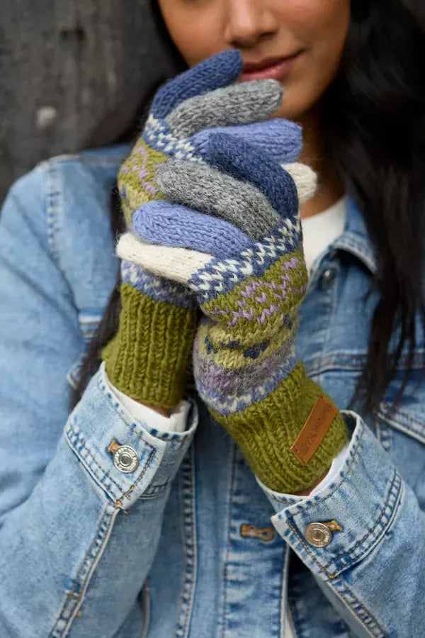 luscious scarves wool gloves Pachamama Ladies Classic Fairisle Gloves, Olive Green , Handknitted , Fairtrade
