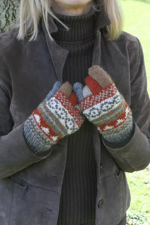 luscious scarves wool gloves Pachamama Ladies Fairisle Gloves , Grey , Handknitted , Fairtrade