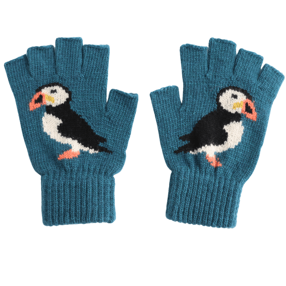 luscious scarves wool gloves Teal Fingerless Wool Blend Gloves with a Cute Puffin Design.