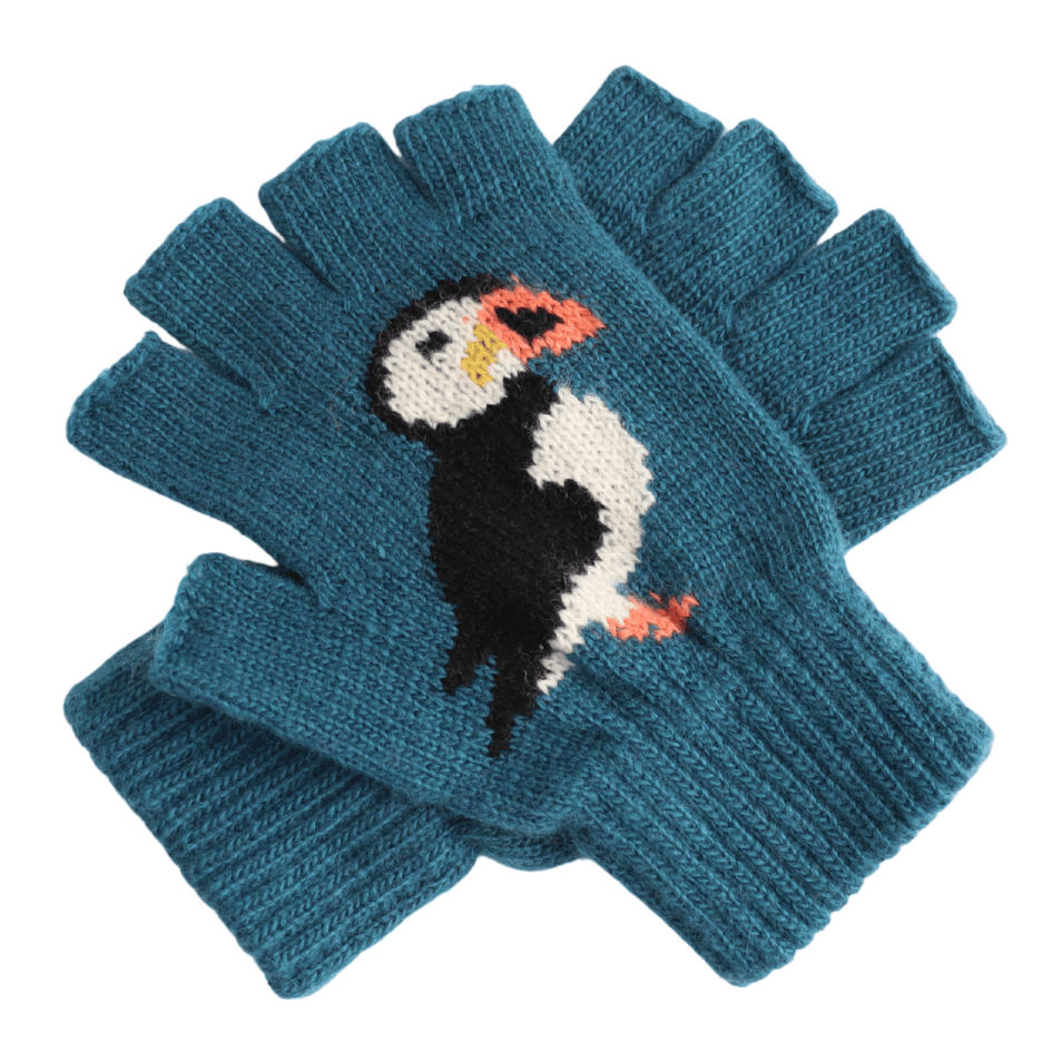 luscious scarves wool gloves Teal Fingerless Wool Blend Gloves with a Cute Puffin Design.