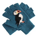 Load image into Gallery viewer, luscious scarves wool gloves Teal Fingerless Wool Blend Gloves with a Cute Puffin Design.
