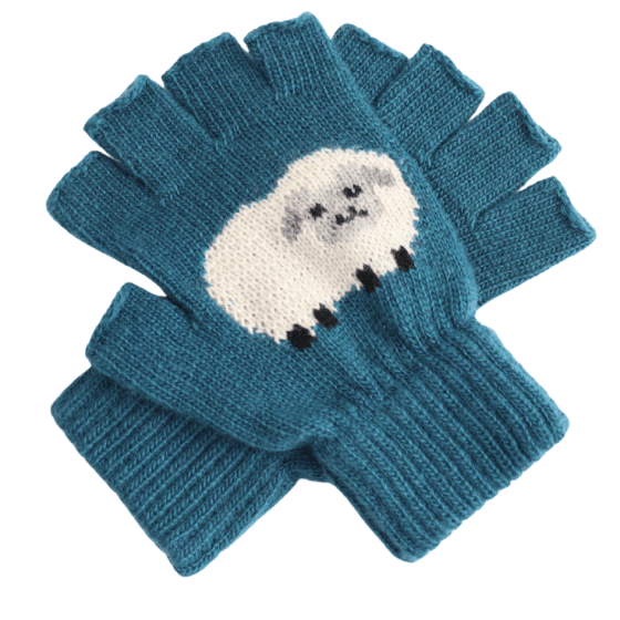 luscious scarves wool gloves Teal Fingerless Wool Blend Gloves with a Fluffy Sheep Design.