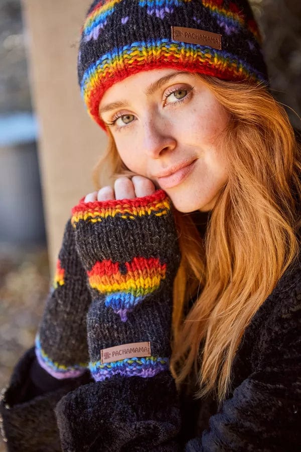 luscious scarves wool handwarmer Pachamama Rainbow Heart Handwarmer Charcoal , Handmade, Fairtrade