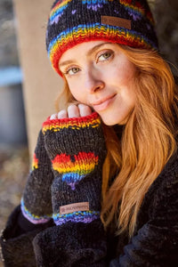 luscious scarves wool handwarmer Pachamama Rainbow Heart Handwarmer Charcoal , Handmade, Fairtrade