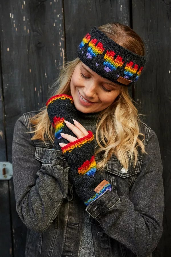 luscious scarves wool handwarmer Pachamama Rainbow Heart Handwarmer Charcoal , Handmade, Fairtrade