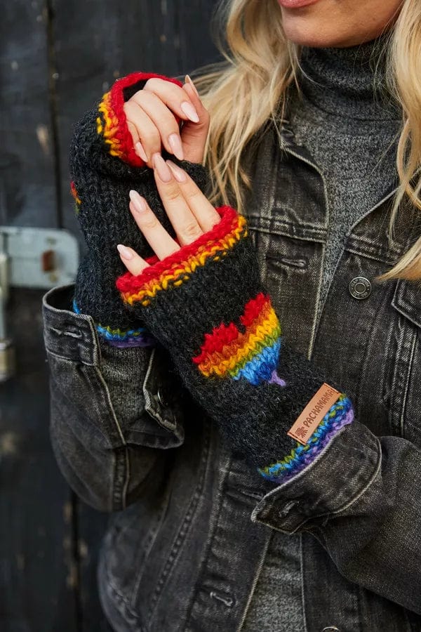 luscious scarves wool handwarmer Pachamama Rainbow Heart Handwarmer Charcoal , Handmade, Fairtrade